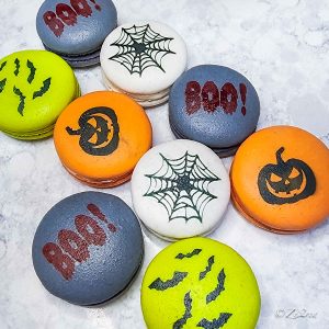 Halloween themed gluten-free macarons in six flavors.