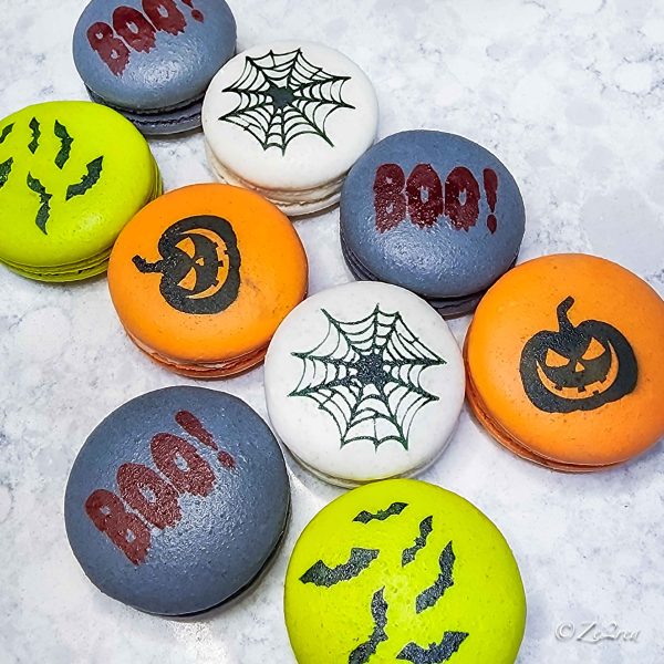 Halloween themed gluten-free macarons in six flavors.