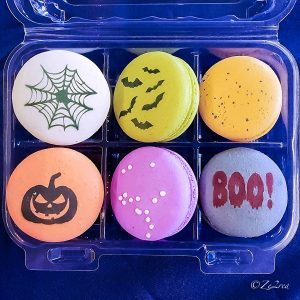 Halloween themed gluten-free macarons in six flavors.