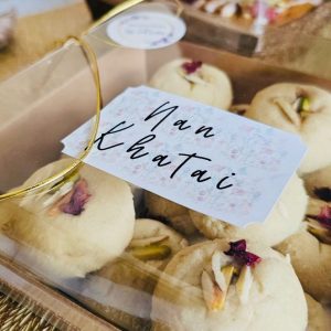 Buttery, nutty, eggless Nan Khatai cookies in a gift pack