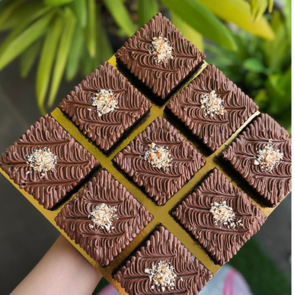 Handcrafted gourmet brownies in a box of six by Blissful Bites.