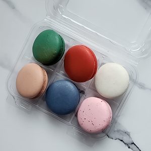 Festive packet of brightly colored Holiday macarons in 6 flavors