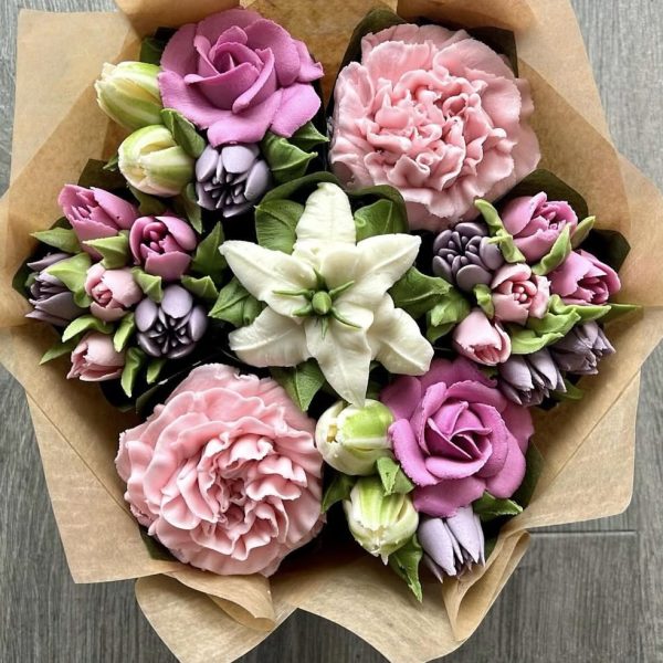 Edible floral cupcake bouquet with handcrafted buttercream flowers by Sweet Valley.
