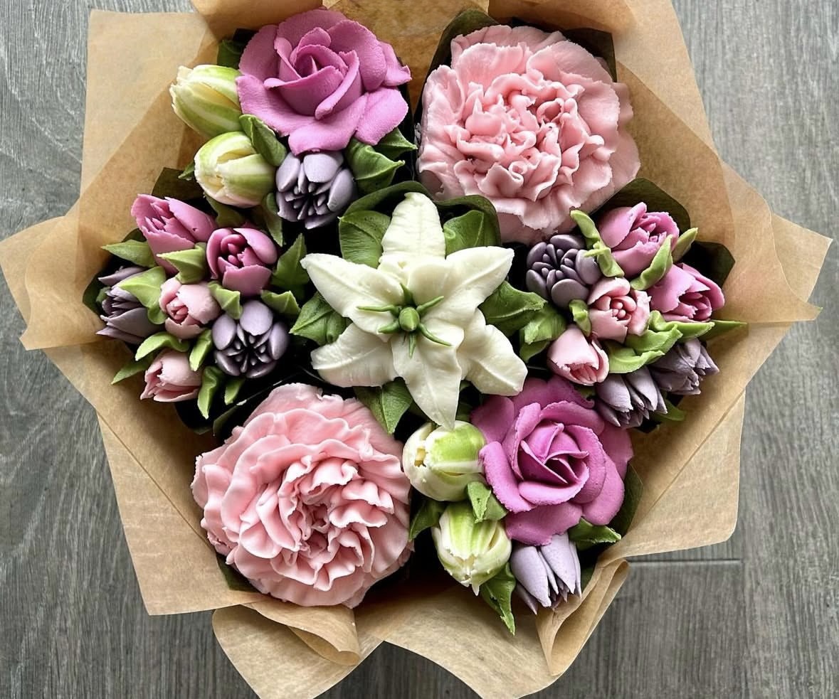 Edible floral cupcake bouquet with handcrafted buttercream flowers by Sweet Valley.