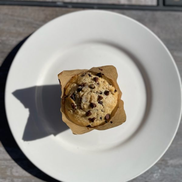 Decadent chocolate chip muffin with melty chips