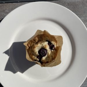 Freshly baked blueberry muffin with juicy blueberries.