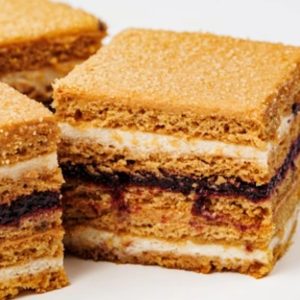 Honey Cake (Cut Squares) with Blackcurrant filling